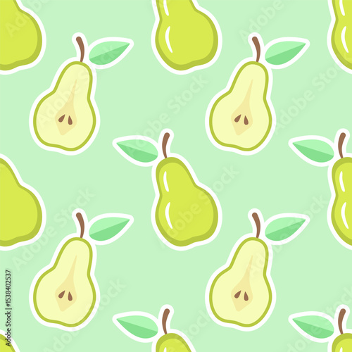 Cartoon seamless pattern of ripe pears isolated on pastel green background.