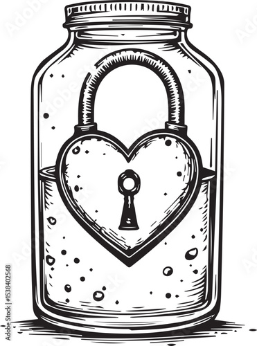 Locked Heart within a Glass Jar: An artistic illustration depicts a heart-shaped lock encased within a glass jar, symbolizing hidden emotions, captured feelings and the notion of containment.