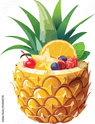 Tropical Fruit Cocktail Served Inside a Fresh Pineapple