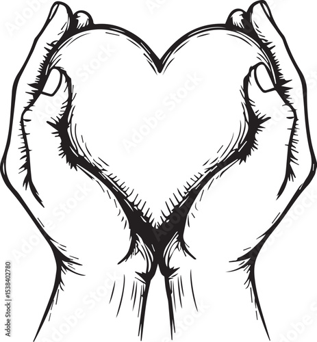 Holding Heart Symbol: An artistic illustration showing hands forming a heart shape, embodying love, care, and compassion, conveyed through a minimalist line art.