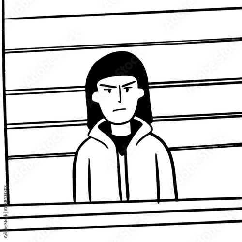 Character with serious expression standing by a window in a minimal setting  