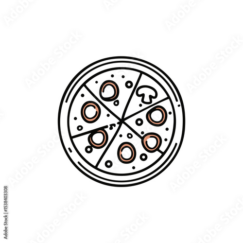 Pizza with mushrooms and pepperoni in simple line art style  