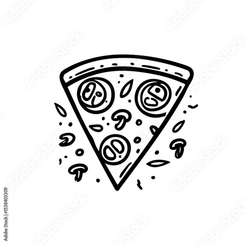 Slice of pizza with mushrooms and pepperoni in sketch style  