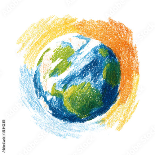 Illustrated globe with blue oceans and green continents on orange background  