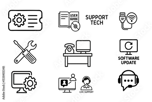 Support tech icons for customer assistance and troubleshooting  