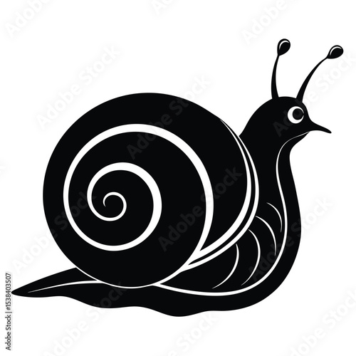 The black snail moves slowly with detailed shell in silhouette style