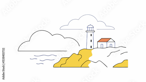 Lighthouse on Coastal Cliff, Minimalist Line Art Illustration