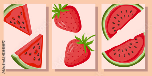 Strawberries and watermelon. Watermelon slices, berries, modern art. Abstract vector illustration. Background for posters, wall art, flyer, banner, greeting card