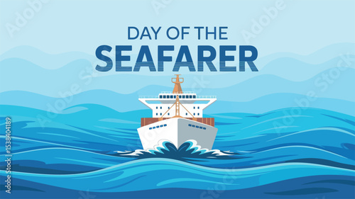 Day of the Seafarer Container Ship Illustration in Ocean Waves with Radiant Sky