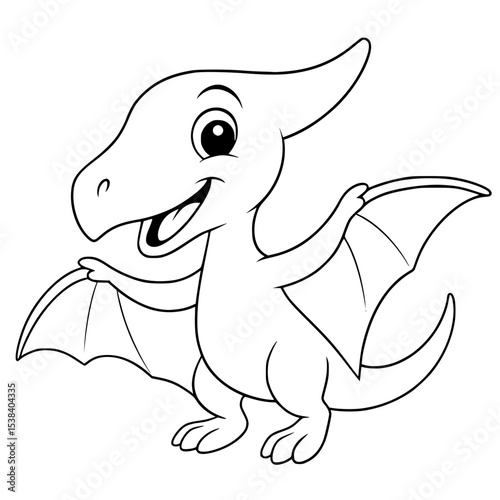 Happy smiling cartoon pterodactyl outline for coloring activities isolated