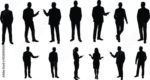 Business people silhouette, standing and talking, discussion gesture poses, communication in office, vector illustration, teamwork concept, professional workplace meeting scene