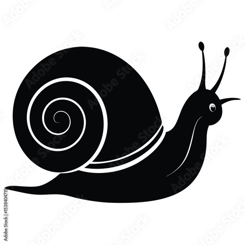 Black snail gracefully moves forward with spiral shell on a plain white background