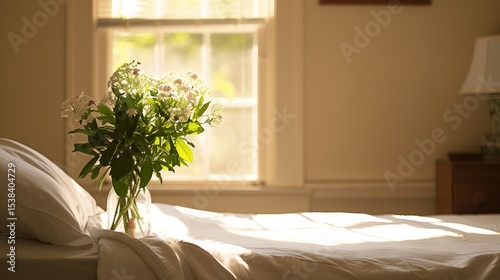 Serene hospital room with single bed, soft sunlight through window, and fresh flowers on bedside table, symbolizing care and recovery. Peaceful and healing environment concept.