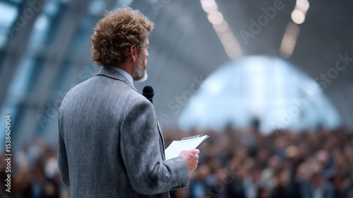 confident speaker stands on stage, holding notes while addressing a captivated audience in a spacious, contemporary conference hall, creating an atmosphere of excitement and inspiration