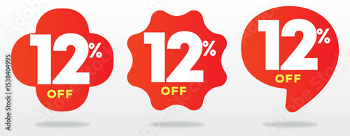 12% off, marketing, store, advertising, retail, label, value, sales, product, sticker, offer, promo, price, special, shop, red, balloon, tag. Set, icon, vector