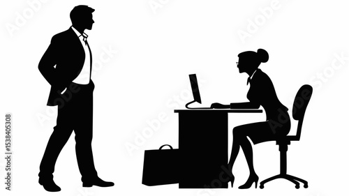 Black silhouette silhouette of businessman standing near woman working at desk with computer and briefcase in black and white