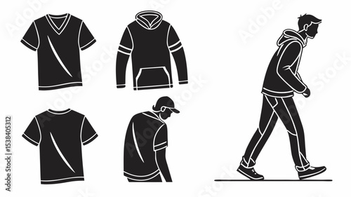 Black silhouette illustration of apparel including t shirts, hoodie and a man wearing a hoodie and jeans walking forward