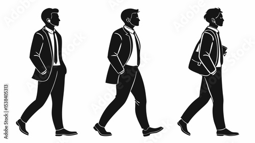 Black silhouette three black silhouette illustrations of businessmen walking with different accessories and poses in suits