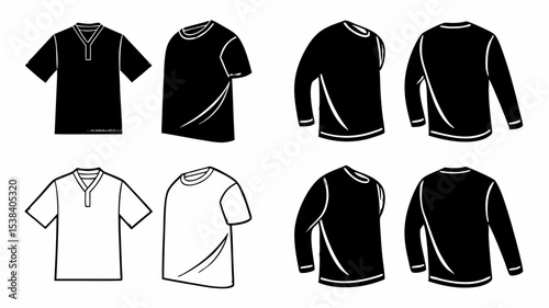 Black silhouette illustration showing various styles of shirts including t shirts and long sleeve shirts in black and white color