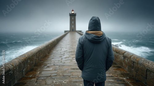 figure in a hooded jacket stands on a rugged stone pier, gazing toward a tall lighthouse under a moody sky, waves crashing against the structure during a stormy evening