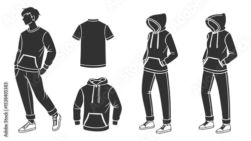 Black silhouette illustrations of a person in a sweatshirt and pants along with a t shirt and hoodie design set