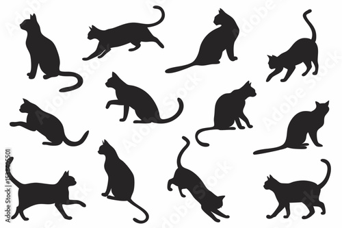 Black silhouette collection of various cat silhouettes in different poses and actions on a white background design