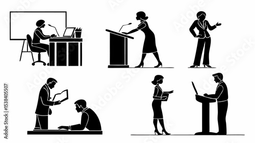 Black silhouette illustration of business people giving presentations and working at desks in silhouette style art