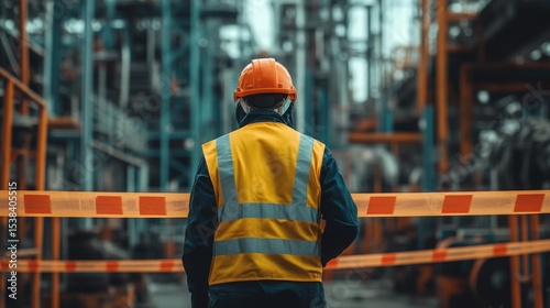 Man in protective gear with helmet and bright orange vest restricts entry to industrial area with safety tape. Manufacturing plant environment highlighting security, hazard prevention, and workplace 