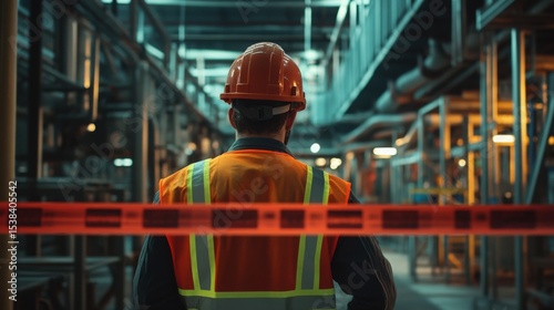 Man in protective gear with helmet and bright orange vest restricts entry to industrial area with safety tape. Manufacturing plant environment highlighting security, hazard prevention, and workplace 