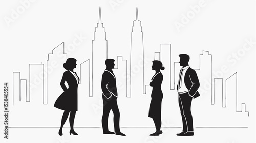 Black silhouette silhouetted business team standing against a cityscape backdrop with tall buildings and modern architecture