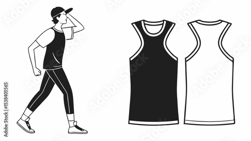 Black silhouette illustration of a person wearing athletic clothing next to two tank tops in black and white colors design