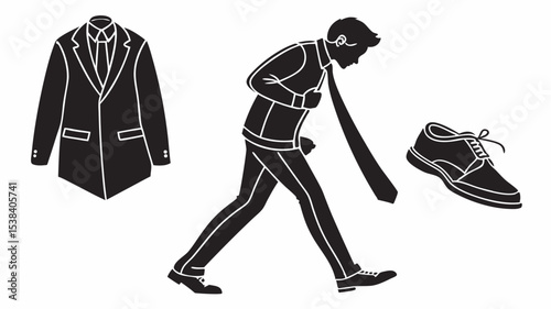 Black silhouette illustration of a man in a suit walking with a tie blowing in the wind next to a suit jacket and shoe