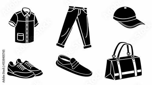 Black silhouette illustration of a short sleeved button down shirt, jeans, baseball cap, sneakers, loafers and a duffle bag