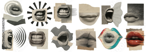 Collage of lips and mouths expressing different emotions, including screaming, talking, and smiling, on transparent background, PNG format