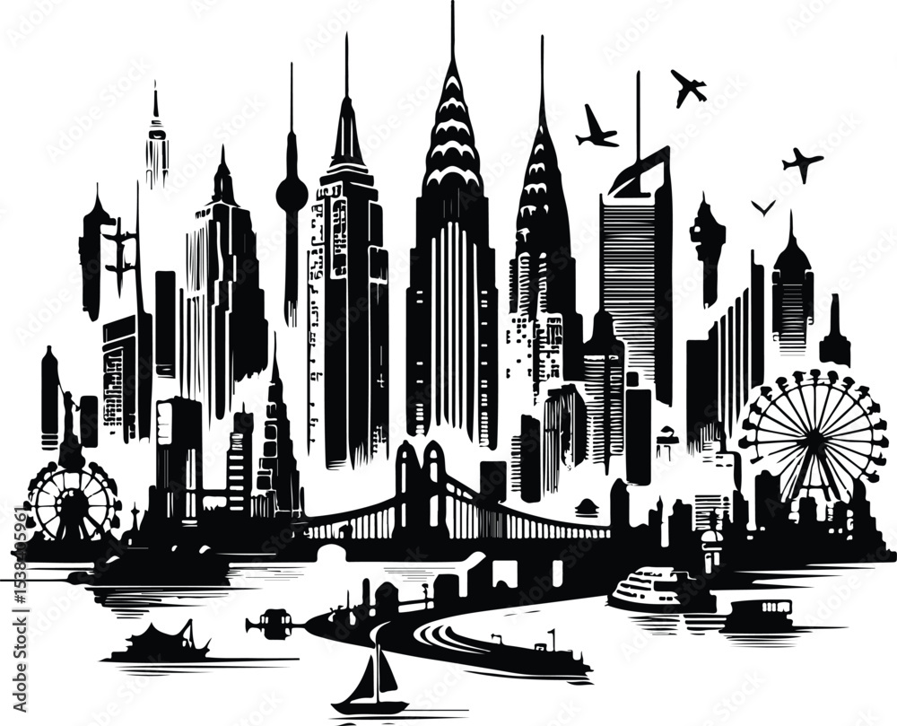 Naklejka premium Big city skyline vector icons with white background