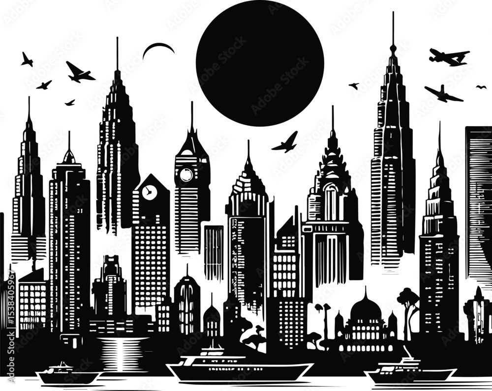 Fototapeta premium Big city skyline vector icons with white background