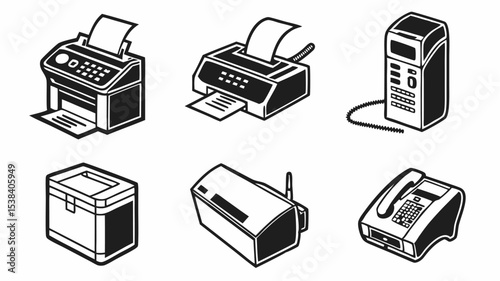 Black silhouette illustration of fax machines telephones and a box in black and white line art style office equipment