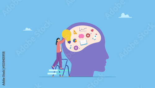 Upskill, learn new things or knowledge development for new skill and improve job qualification. Woman putting light bulb ideas, books and and other things into human head to upgrade working skill.