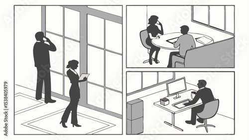 Black silhouette scenes of business professionals in office settings engaged in various activities and interactions