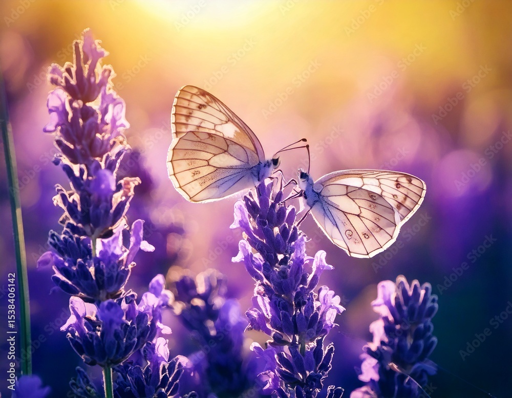 Naklejka premium Two lilac butterfly on Lavender flowers in rays of summer sunlight in spring outdoors macro .jpg