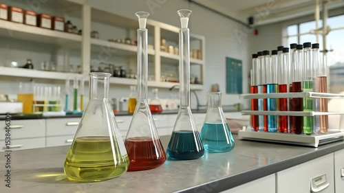 Chemical liquid in laboratory test tubes and flasks for scientific research and medical analysis