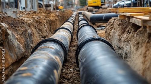 Modern construction of insulated pipes laid in trench for district heating system supplying residential buildings. Engineering infrastructure for urban home. Pipeline technology, thermal efficiency, i