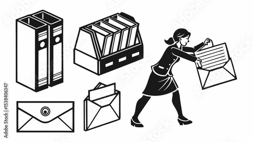 Black silhouette illustration of a businesswoman holding a large envelope with office supplies like folders and mailboxes around her