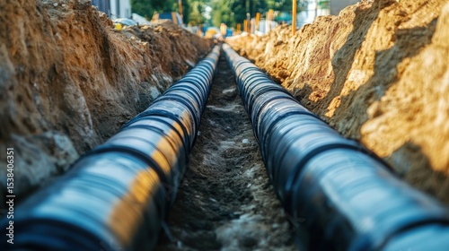 Modern construction of insulated pipes laid in trench for district heating system supplying residential buildings. Engineering infrastructure for urban home. Pipeline technology, thermal efficiency, i