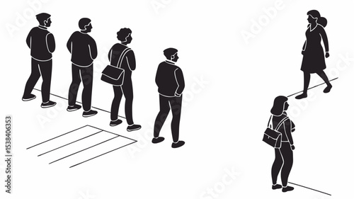 Black silhouette silhouette illustration of people waiting in line and two women walking across the crosswalk area