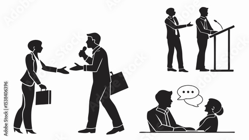 Black silhouette silhouettes of business people in various scenarios including speaking and meeting engagements shown here