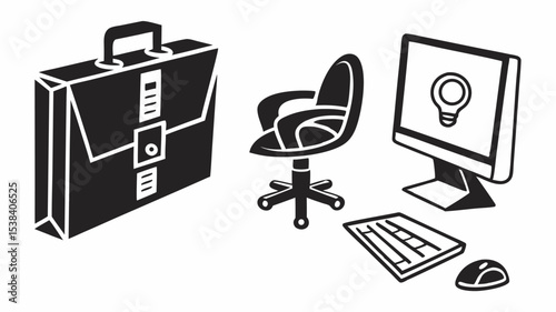 Black silhouette illustration of a briefcase swivel chair computer keyboard and mouse in a workspace setting shown