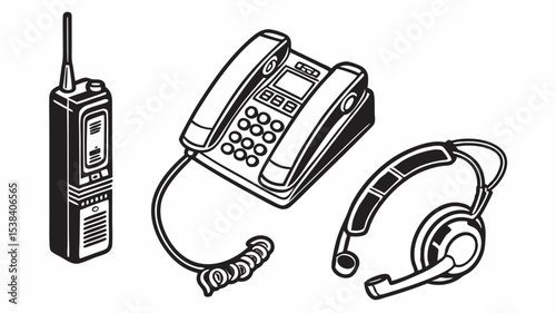 Black silhouette illustration showing a walkie talkie, a landline phone, and a headset in black and white outline