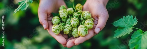 Person carefully holding Humulus lupulus, common hops. Herbal aromatic ingredient harvest. Fresh green cones in sharp closeup, natural background. Brewing ingredient, beer production


