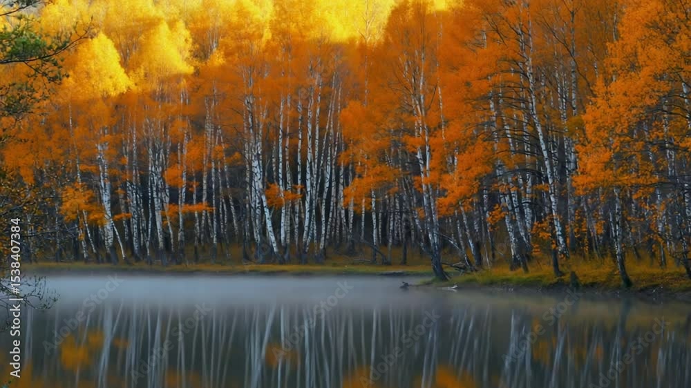 Serene autumn forest dawn, vibrant orange trees mist calm reflective lake soft morning piercing fog, reflections water surface tranquil mood, slow gentle camera pan, high-definition cinematic quality